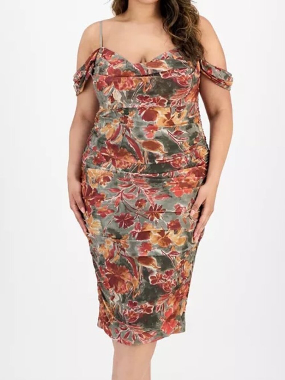 Katia Rae Printed Floral Off Shoulder Ruched Mesh Midi Dress Olive Cowlneck Plus